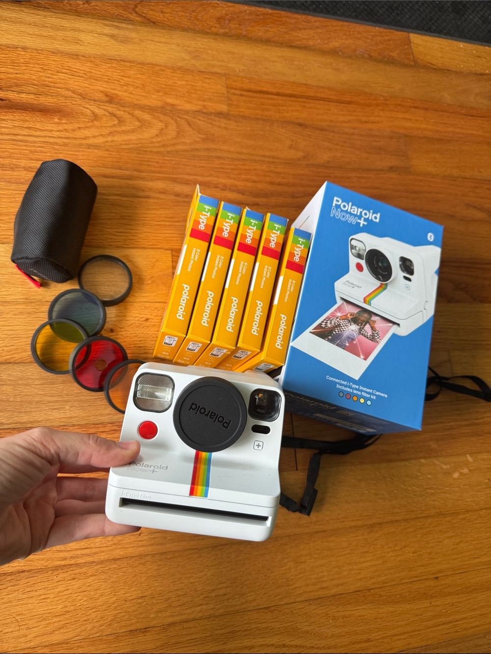 Polaroid White Instant Camera with Rainbow Stripe and Color Filters